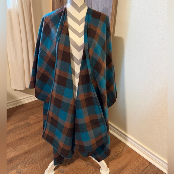 Plaid Blanket Shawl Poncho Ruana Wrap Teal Brown Open Front Cape Fall Winter - Picture 1 of 5